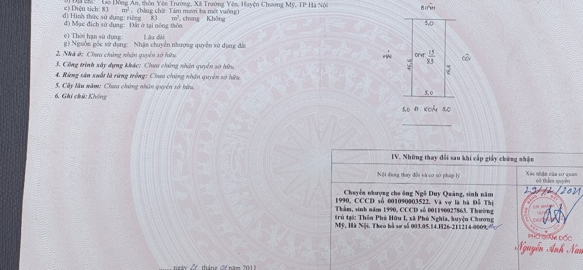 83m full thổ cư trung tâm xã trường yên chương mỹ - mặt tiền 5m hậu 5m - đường ô tô tải tránh nhau -giá bán nhanh