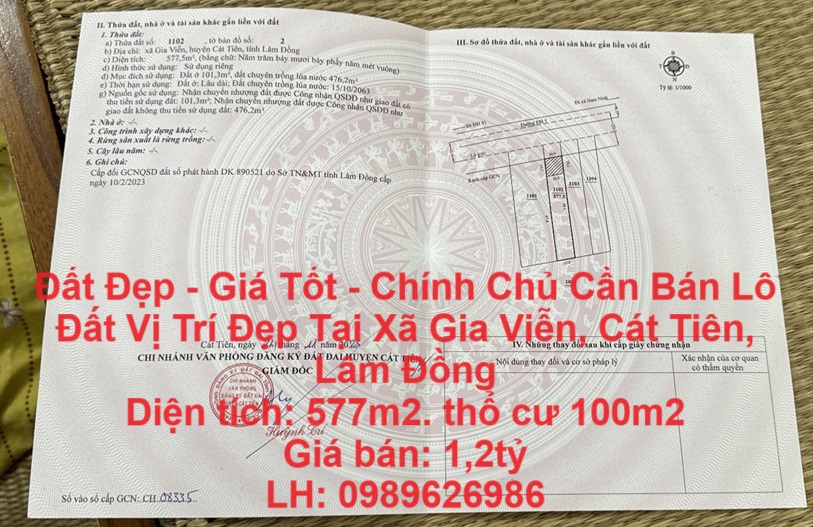 Đất Đẹp - Giá Tốt - Chính Chủ Cần Bán Lô Đất Vị Trí Đẹp Tại Xã Gia Viễn, Cát Tiên, Lâm Đồng
