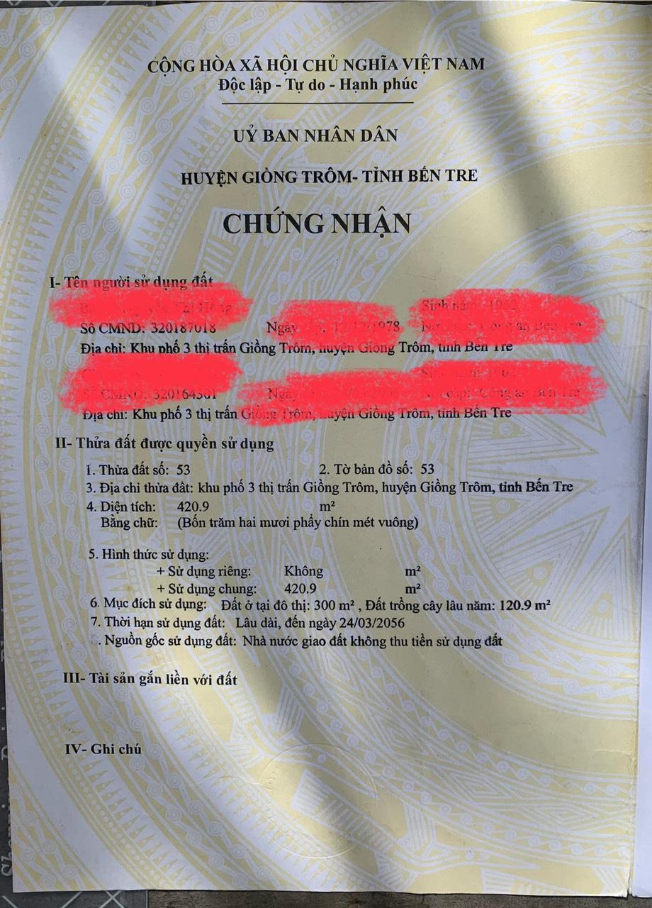 ĐẤT ĐẸP – GIÁ TỐT- CẦN BÁN Lô Đất 2 mặt tiền ở Thị Trấn Giồng Trôm- Giồng Trôm - Bến Tre