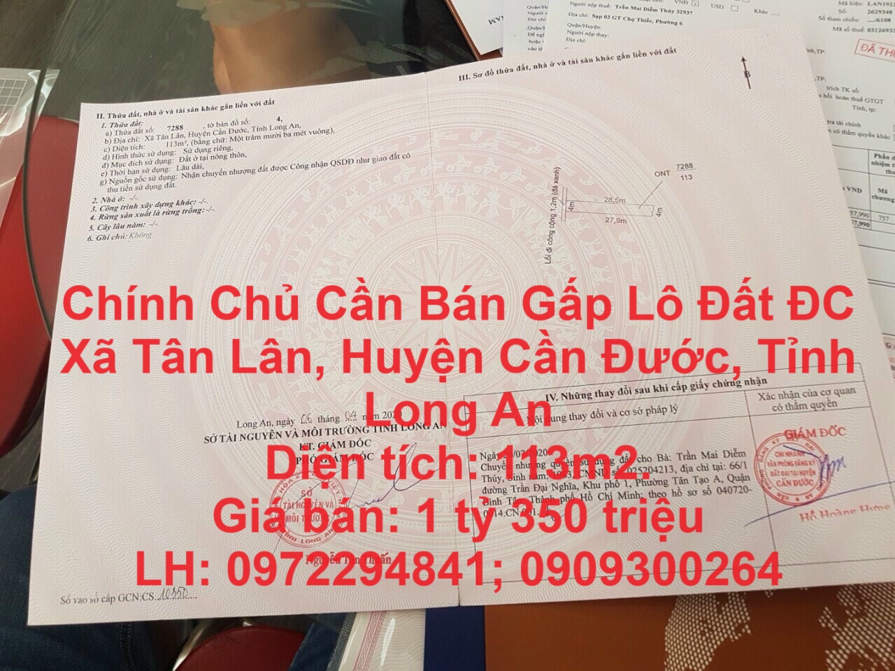 Chính Chủ Cần Bán Gấp Lô Đất ĐC Xã Tân Lân, Huyện Cần Đước, Tỉnh Long An