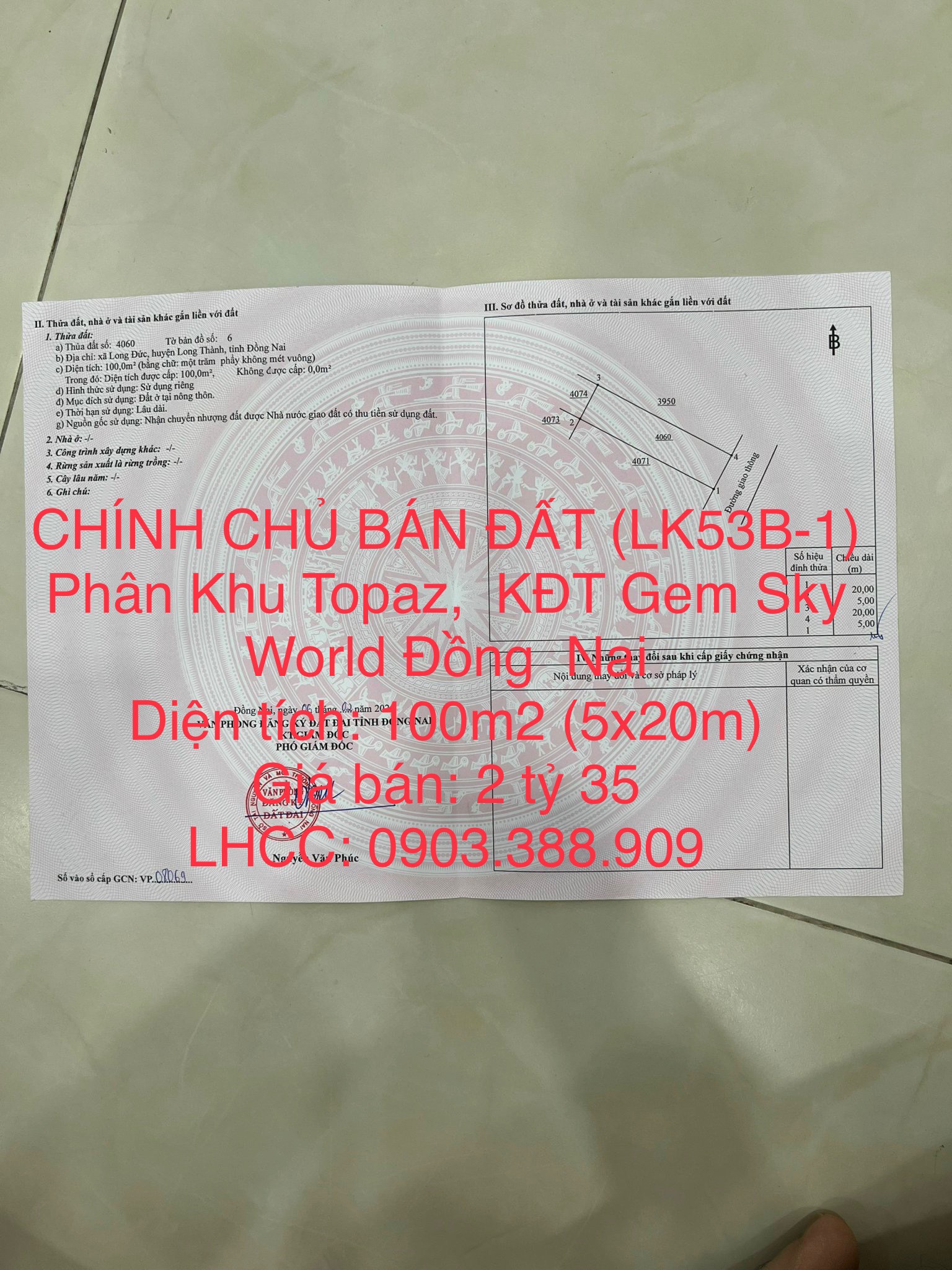 BÁN ĐẤT CHÍNH CHỦ (LK53B-1) Phân Khu Topaz, Khu Đô Thị Gem Sky World Đồng Nai