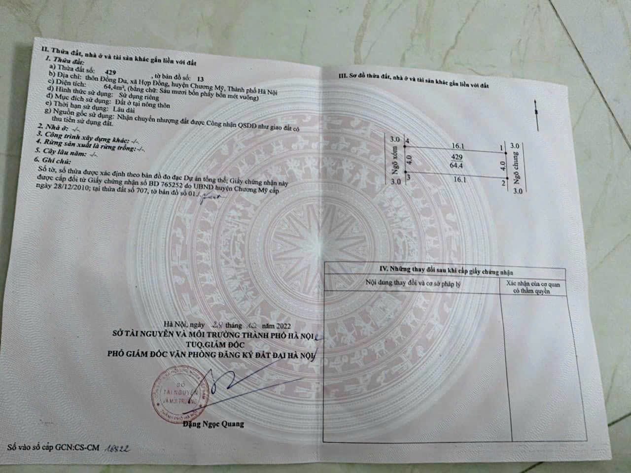 Cc cần bán 65 m2 đất, chỉ nhỉnh 1.x tỷ, lô đất 2 mặt đường, Ô TÔ chạy quanh tại Hợp Đồng, Chương Mỹ, giáp TL 419