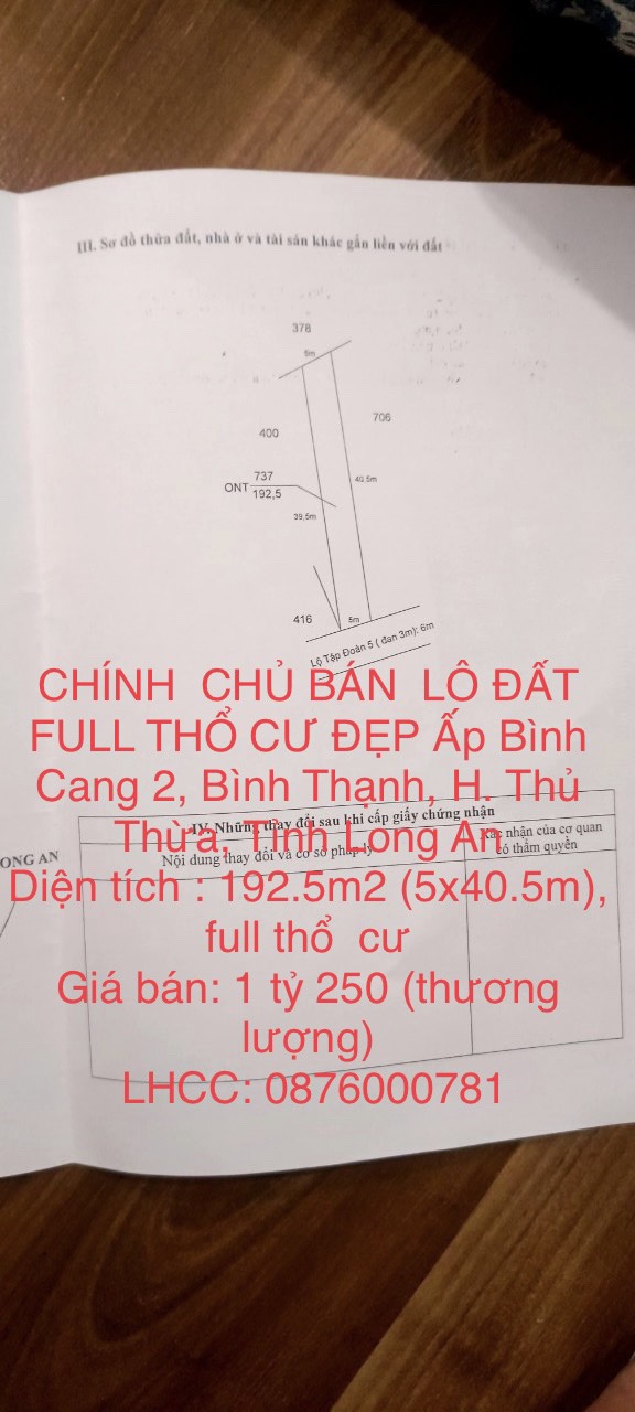CHÍNH CHỦ BÁN LÔ ĐẤT FULL THỔ CƯ ĐẸP Ấp Bình Cang 2, Bình Thạnh, H. Thủ Thừa, Tỉnh Long An