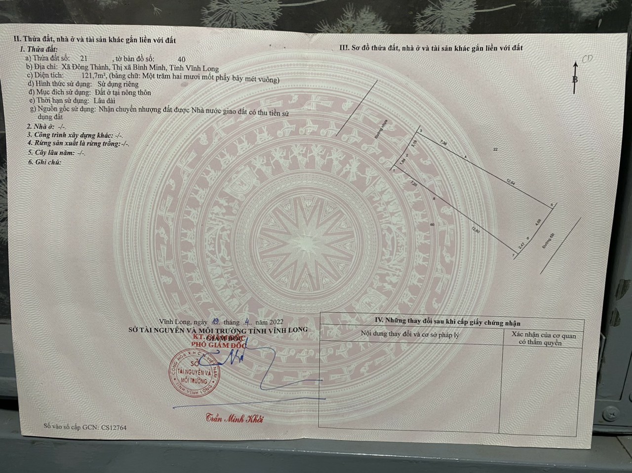 HOT - CHÍNH CHỦ BÁN ĐẤT 121.7m2 Mặt Tiền Đường Nhựa, Xã Đông Thành, Thị Xã Bình Minh, Vĩnh Long