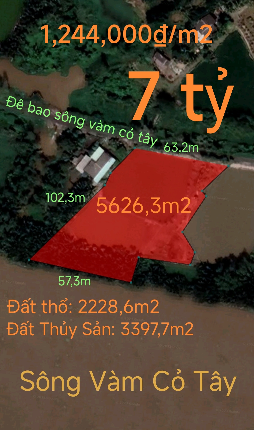 Bán lô đất thổ phân lô mặt tiền đê bao hạ giá 7 tỷ