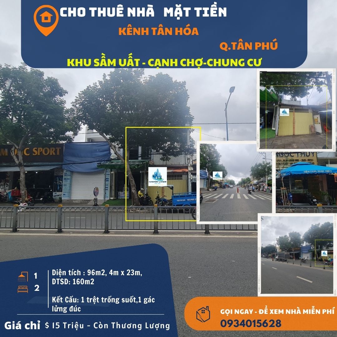 Cho thuê nhà Mặt Tiền Kênh Tân Hóa 96m2, 15Triệu- GẦN CHỢ-CHUNG CƯ