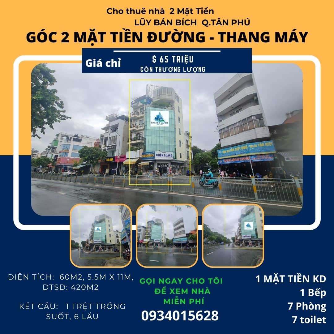 CỰC HIẾM- Cho thuê nhà 2 Mặt Tiền Lũy Bán Bích 60m2, 6 Lầu-Thang Máy
