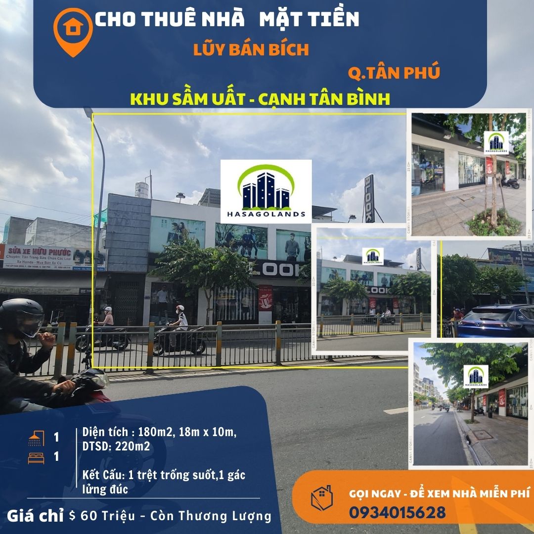 SỐC- Cho thuê nhà Mặt Tiền Lũy Bán Bích 180m2 - NGANG 18M