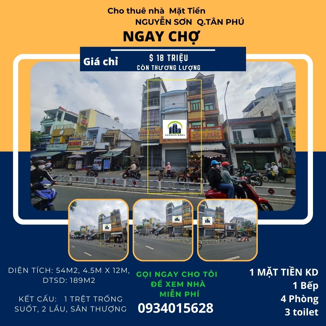 CHÍNH CHỦ- Cho thuê nhà Mặt Tiền Nguyễn Sơn 54m2, 2 Lầu+ST, 18Triệu