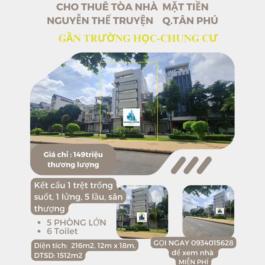 CHÍNH CHỦ- Cho thuê TÒA nhà Mặt Tiền NB Tân Sơn Nhì 216m2, 5Lầu+ST-NGANG 12M