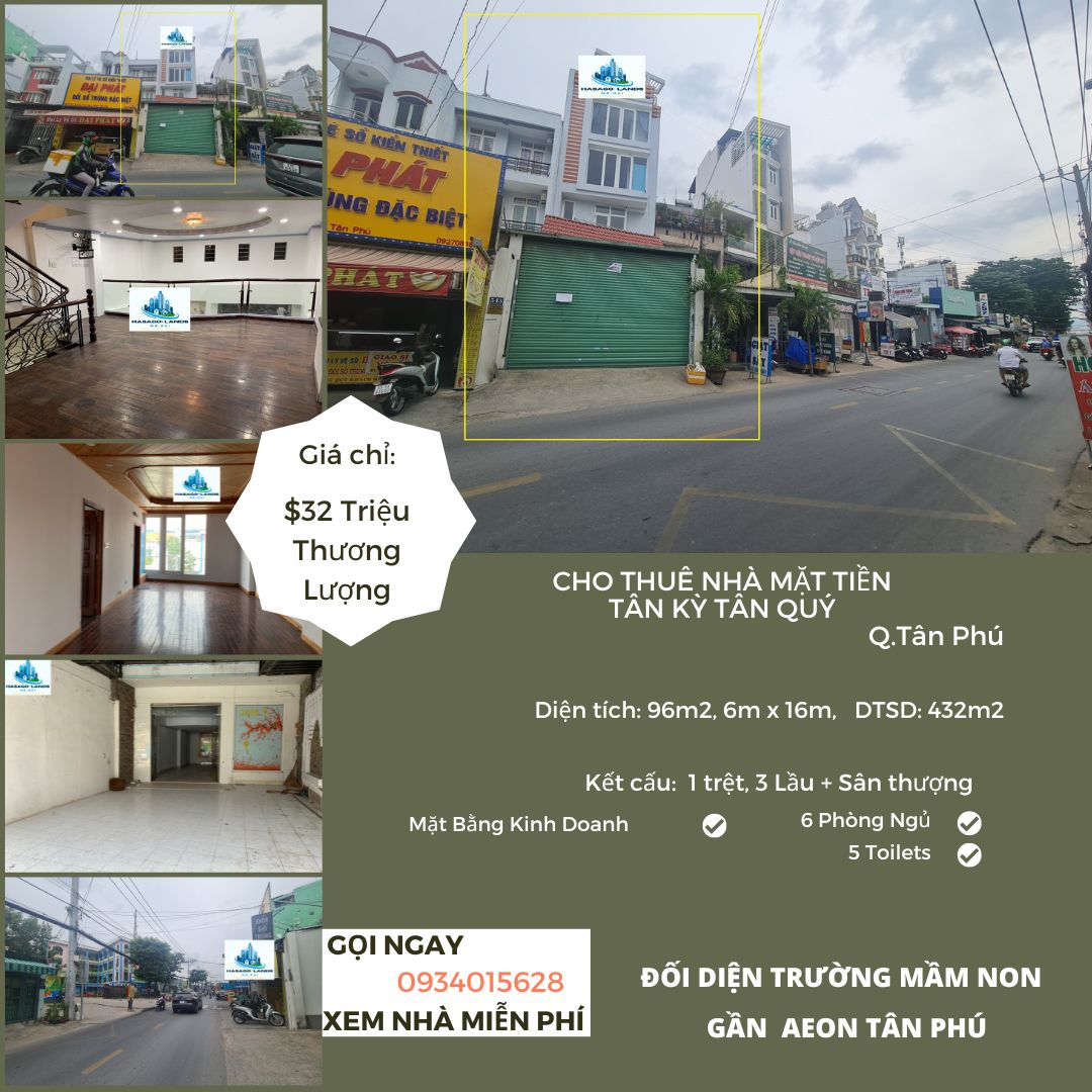 CHÍNH CHỦ Cho thuê nhà mặt tiền Tân Kỳ Tân Quý 96m2, 3Lầu+ST-gần AEON