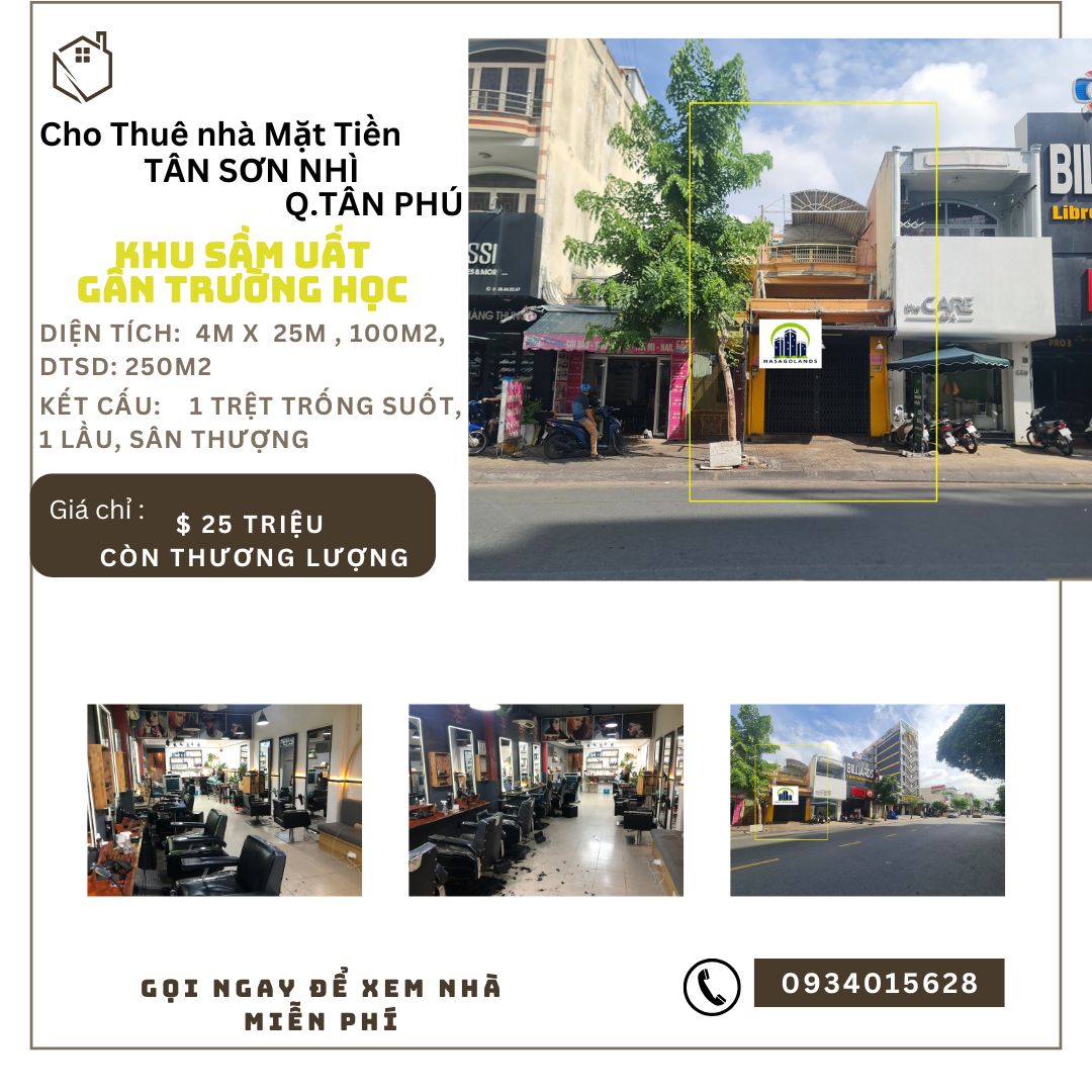 CHÍNH CHỦ- Cho thuê nhà Mặt Tiền Tân Sơn Nhì 100m2, 1Lầu+ST, 25Triệu