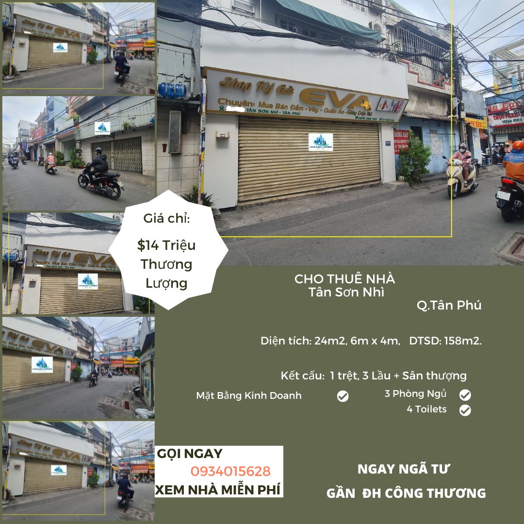 SỐC-Cho thuê nhà Tân Sơn Nhì 3 Lầu, DTSD: 158m2, 14Triệu