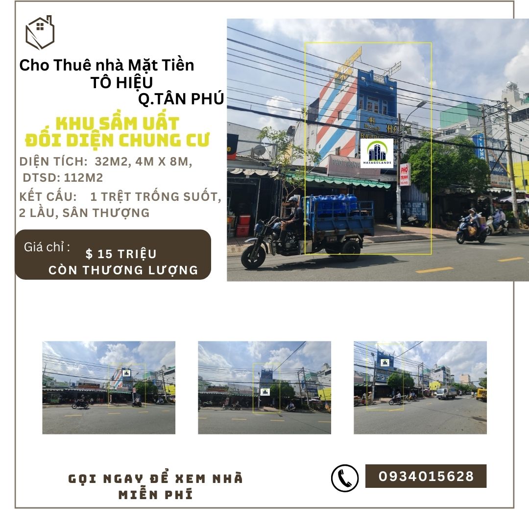 SỐC- Cho thuê nhà Mặt Tiền Tô Hiệu 32m2, 2 Lầu+ST, 15Triệu-GẦN CHUNG CƯ