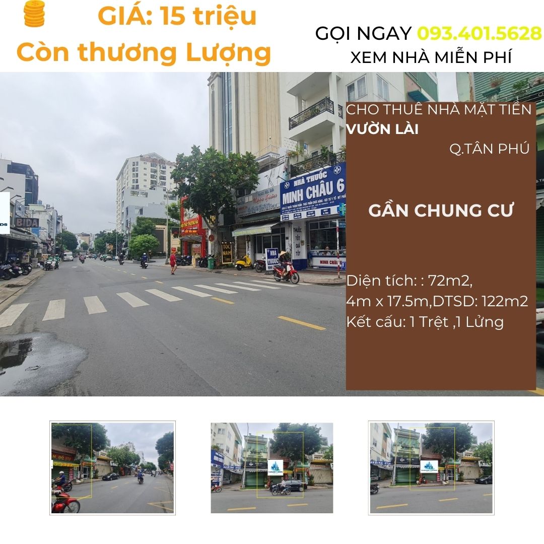 SỐC-Cho thuê nhà Mặt Tiền Vườn Lài 72m2, 15Triệu