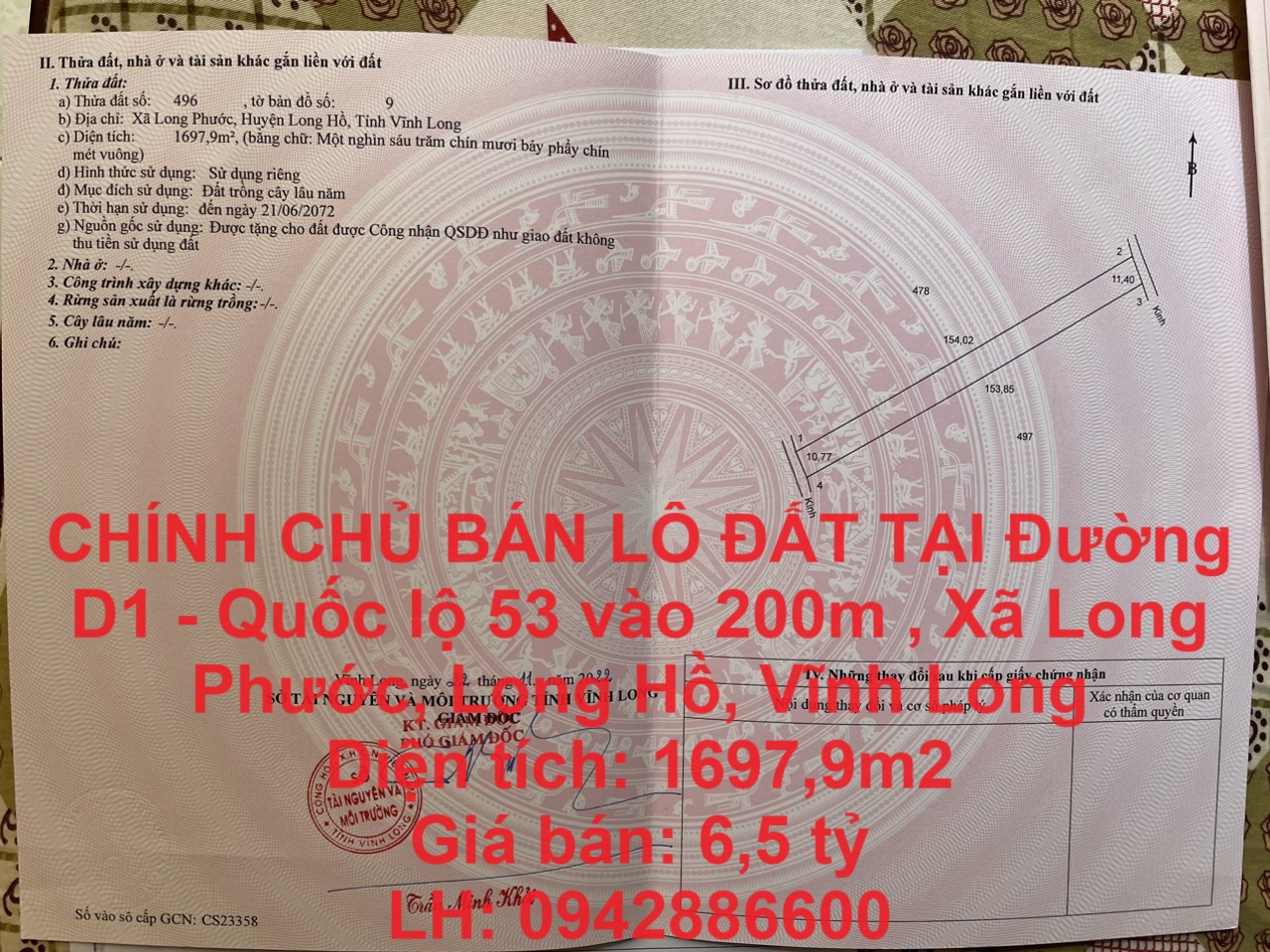 CHÍNH CHỦ BÁN LÔ ĐẤT TẠI Đường D1 - Quốc lộ 53 vào 200m , Xã Long Phước, Long Hồ, Vĩnh Long