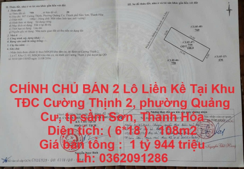 CHÍNH CHỦ BÁN 2 Lô Liền Kề Tại Khu TĐC Cường Thịnh 2 - Quảng Cư - tp Sầm Sơn - Thanh Hóa