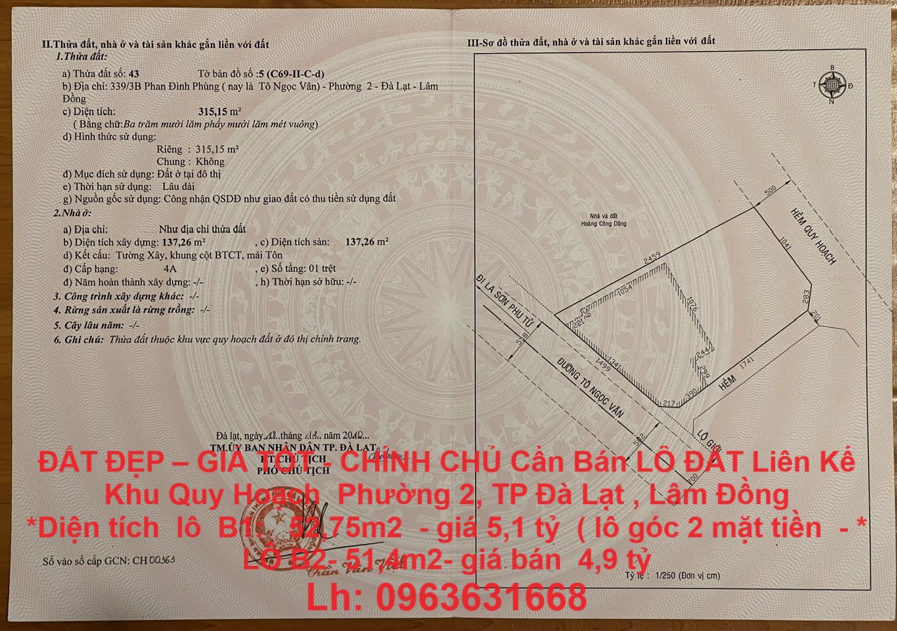 ĐẤT ĐẸP – GIÁ TỐT - CHÍNH CHỦ Cần Bán LÔ ĐẤT Liên Kế Khu Quy Hoạch Phường 2, TP Đà Lạt , Lâm Đồng