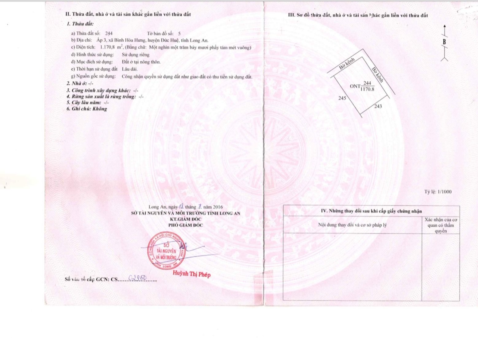 Bán lô đất 1170,8m2 thổ cư Ấp 3 xã Bình Hòa Hưng, Đức Huệ Long an