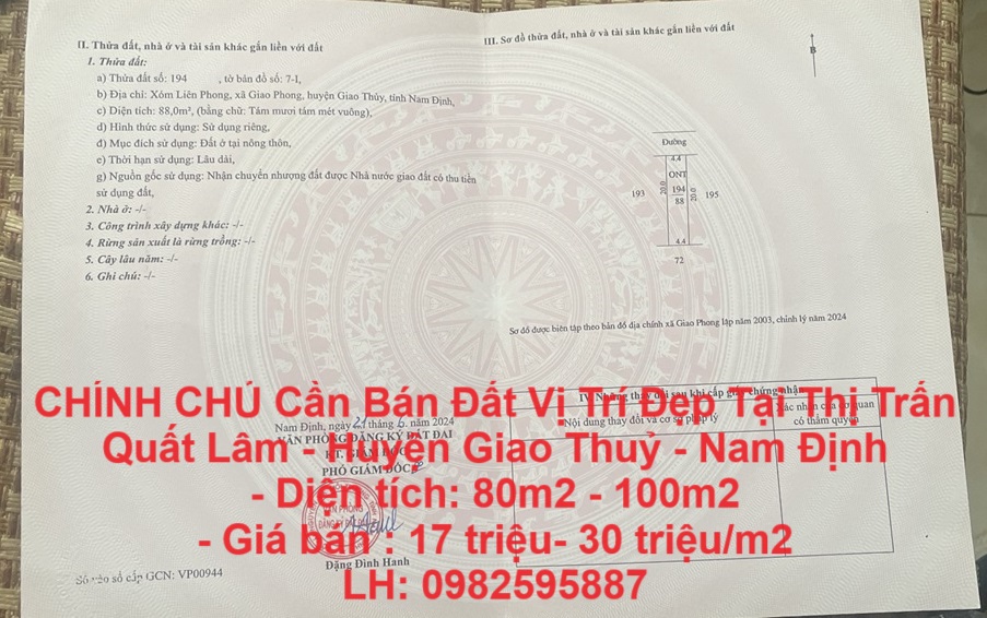 CHÍNH CHỦ Cần Bán Đất Vị Trí Đẹp Tại Thị Trấn Quất Lâm - Huyện Giao Thuỷ - Nam Định