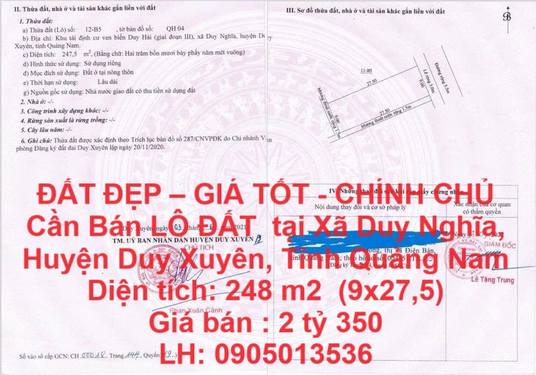 ĐẤT ĐẸP – GIÁ TỐT - CHÍNH CHỦ Cần Bán LÔ ĐẤT tại Xã Duy Nghĩa, Huyện Duy Xuyên, Tỉnh Quảng Nam