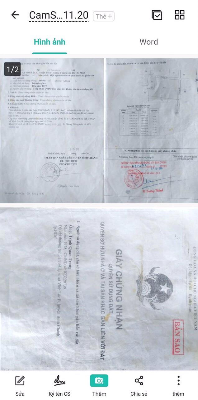 CHÍNH CHỦ Cần Bán LÔ Đất Vị Trí Tại xã Vĩnh Lộc B, huyện Bình Chánh, TPHCM