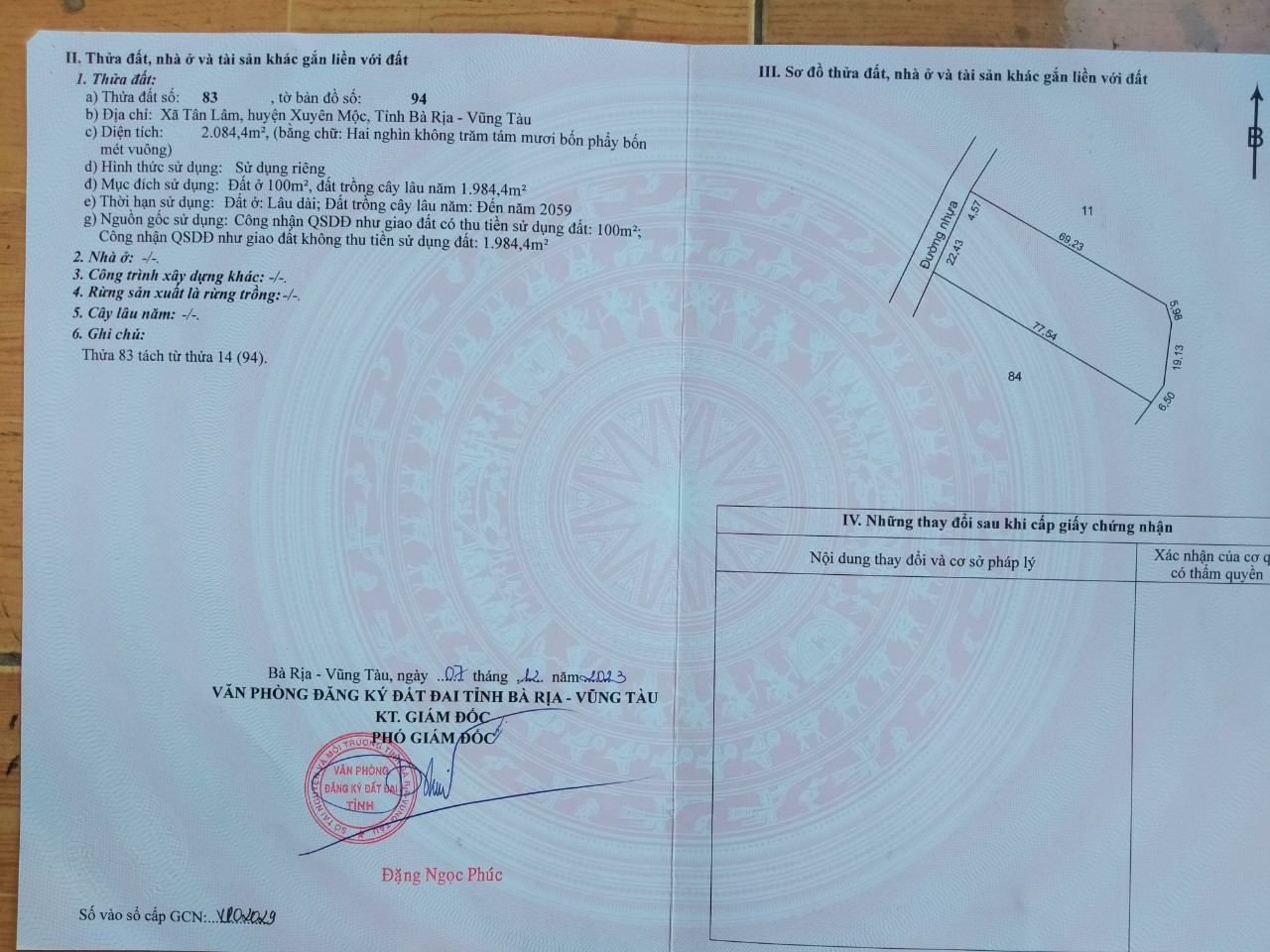 Chủ cần bán 2000mv 27m mặt tiền nhựa tân lâm xuyên mộc bà rịa vũng tàu