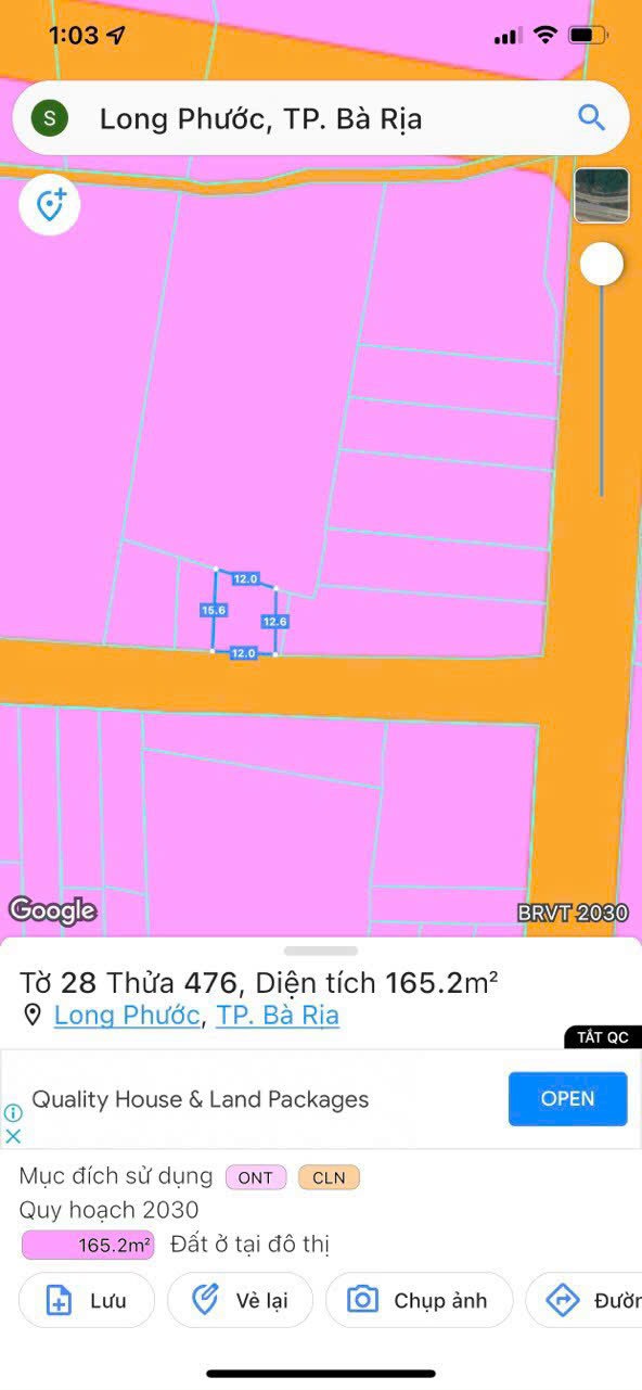 Mặt tiền đường nhựa số 7 Long Phước thông Hl8 mở rộng. Diện tích: 165m2 (Ngang 12, 40 thổ cư)