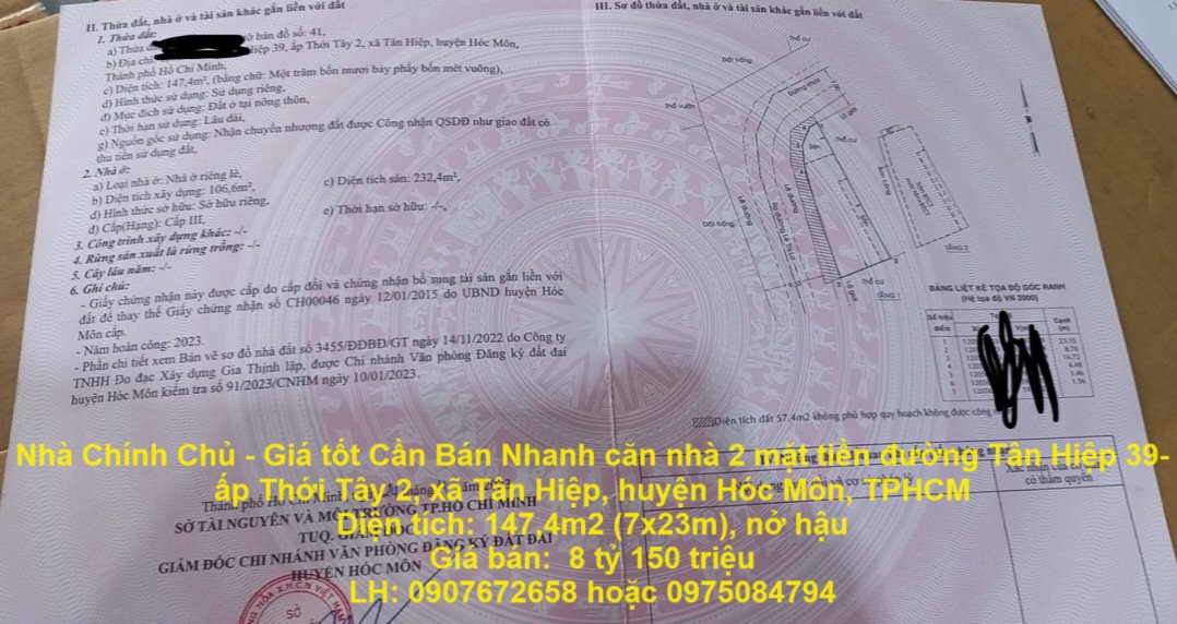 Nhà Chính Chủ - Giá tốt Cần Bán Nhanh căn nhà 2 mặt tiền đường Tân Hiệp 39- 40 huyện Hóc Môn, TPHCM