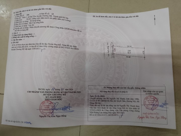 Chủ gửi bán lô đất tại thôn 1 xã đại yên Dt56.5m .mt3.8 m hậu 4,3 m Sẵn sổ đỏ công chứng trong ngày Đường ô tô thoải