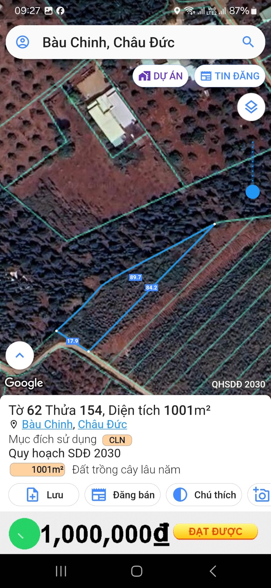 Bán đất xã Bàu Chinh. 1 xào, 18m ngang Đường nhựa xe hơi vào thoải mái, khu dân cư