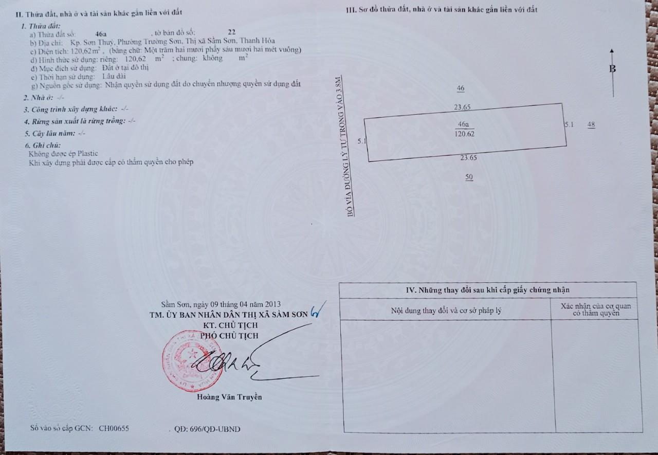 ĐẤT ĐẸP – GIÁ TỐT - CHÍNH CHỦ CẦN BÁN LÔ ĐẤT TẠI Phường Trường Sơn -TP Sầm Sơn - Thanh Hóa