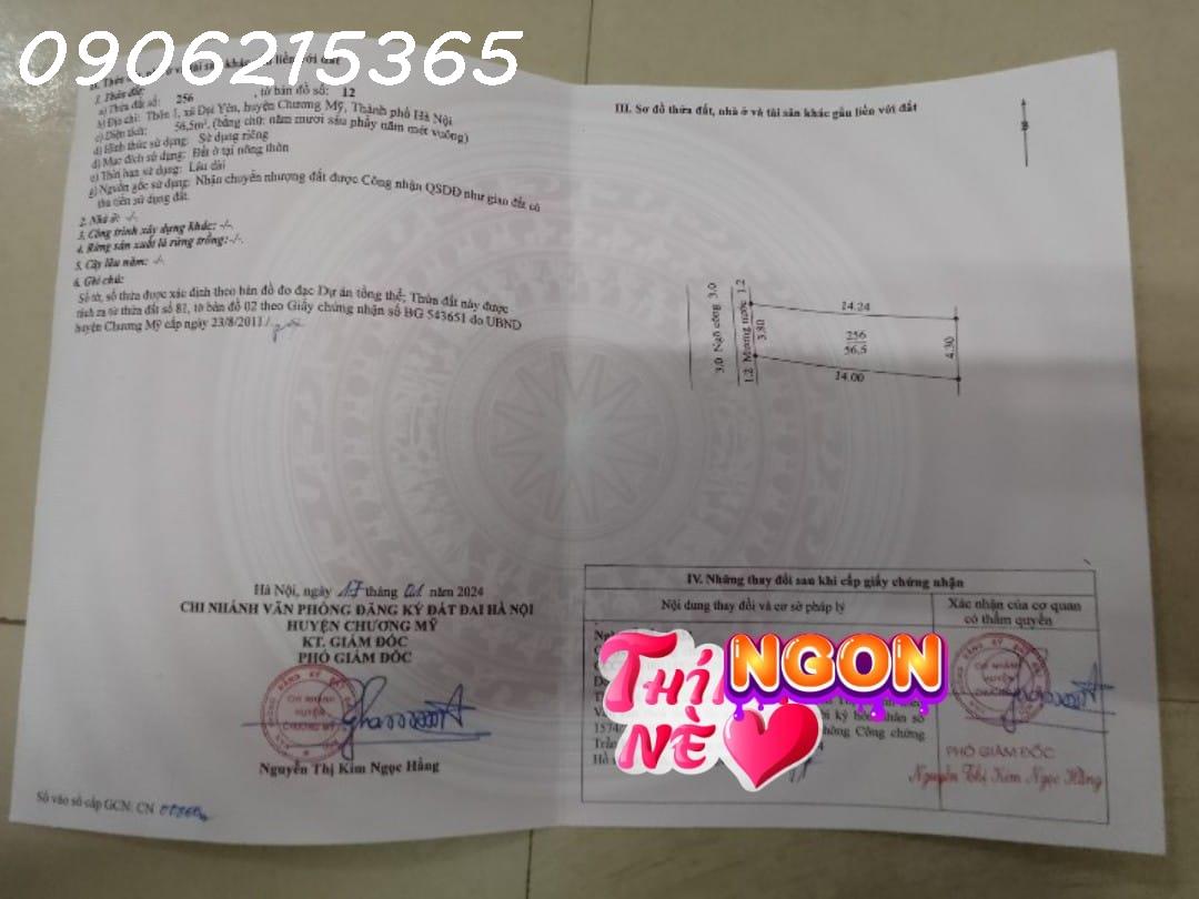 Cc gửi bán 56.5m2, chỉ 1.x tỷ, Đại Yên, Chương Mỹ, Hà Nội, ngõ thông, ô tô, giáp Tl419, giáp tt Chúc Sơn