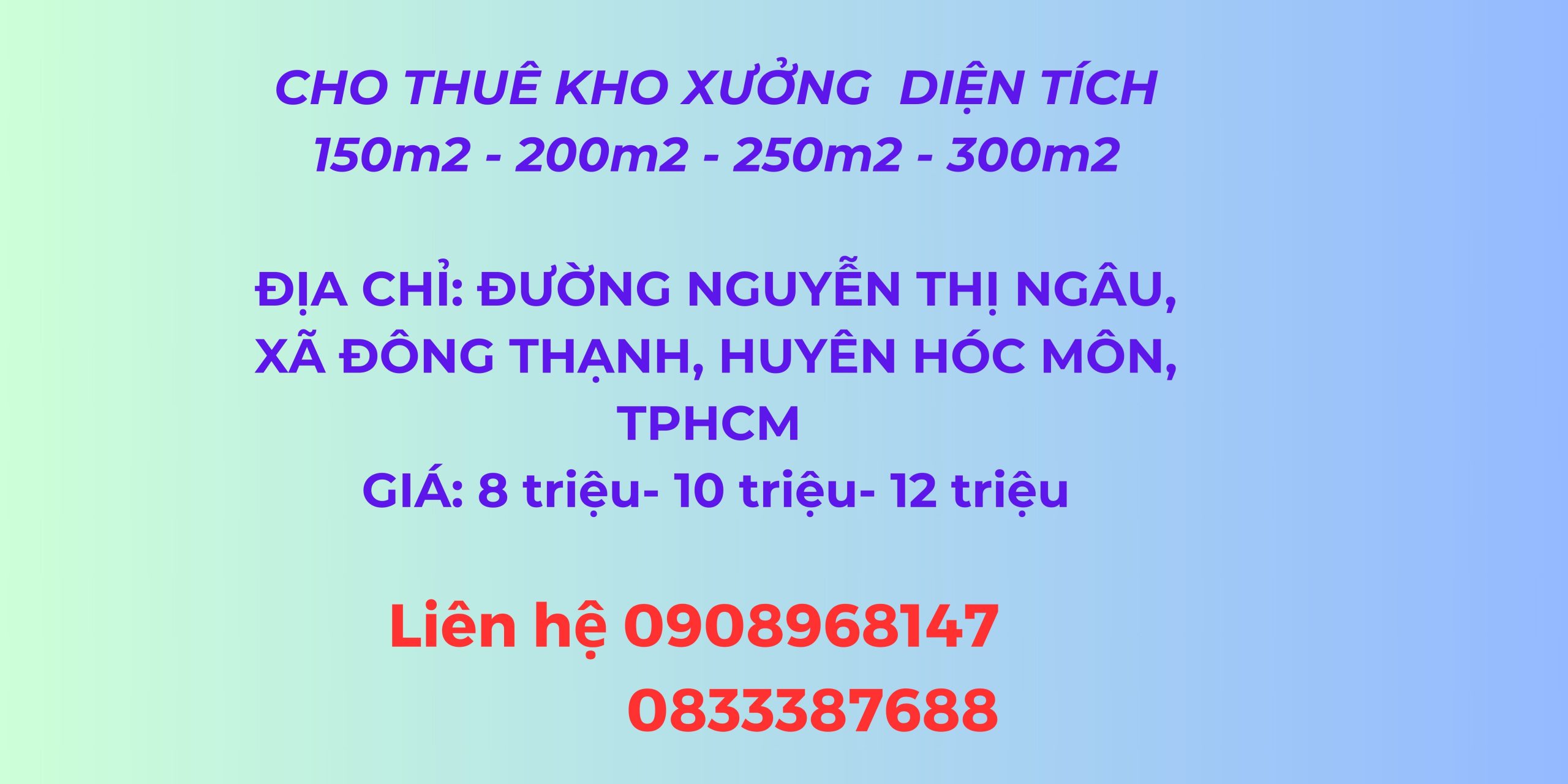 Cho thuê kho xưởng đường Nguyễn Thị Ngâu, Xã Đông Thạnh, Huyện Hóc Môn,TPHCM