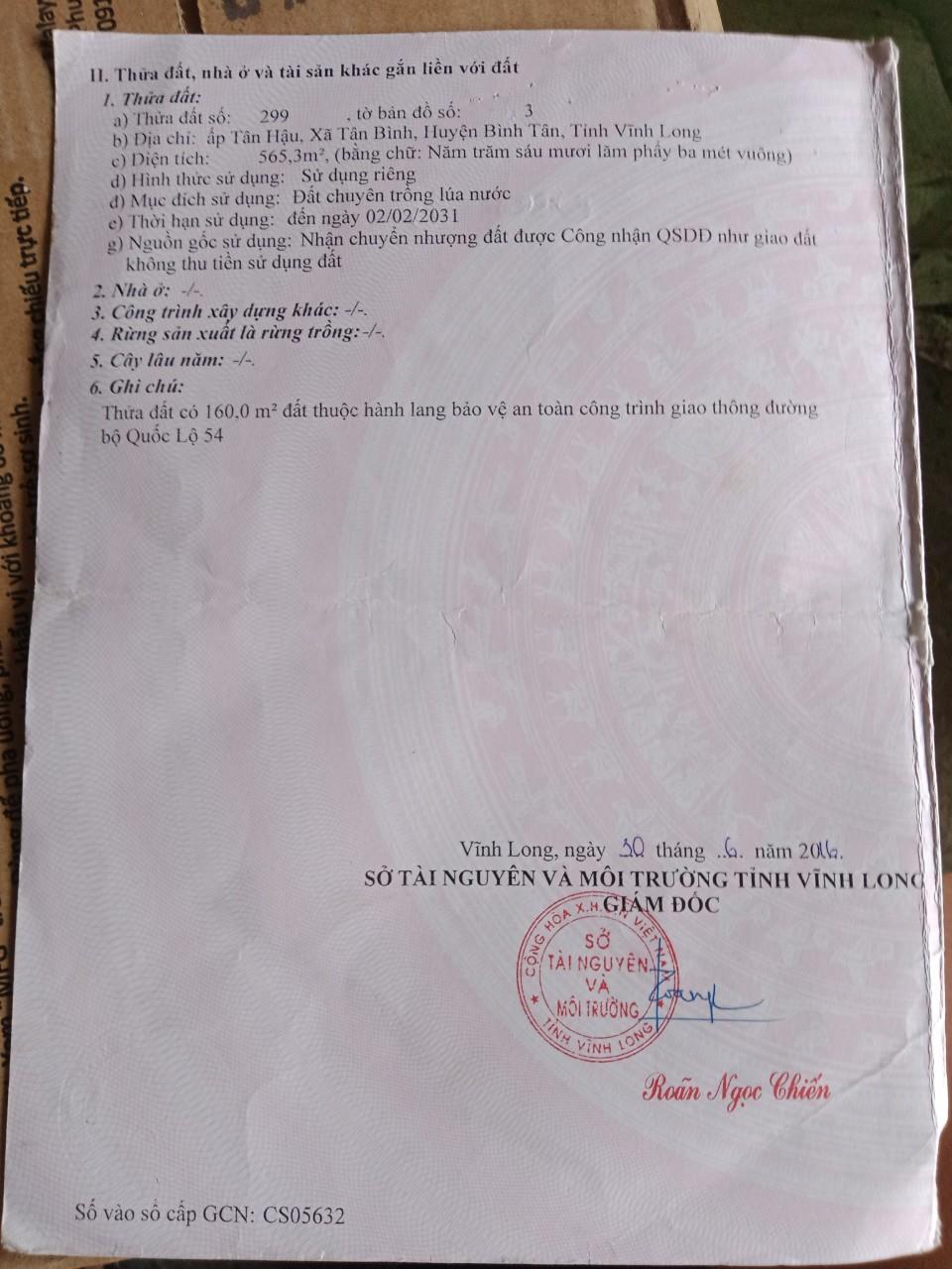 Đất Đẹp - Giá Tốt - Chính Chủ Cần Bán Lô Đất Vị Trí Đẹp Tại Quốc lộ 54 , Xã Tân Bình, Bình Tân, Vĩnh Long