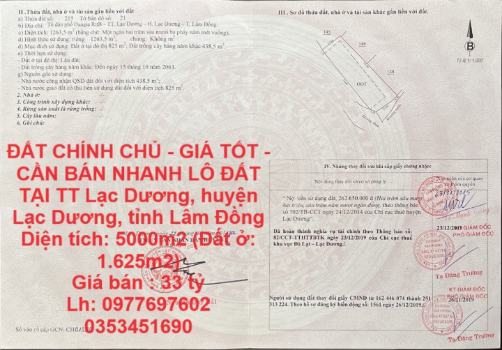 ĐẤT CHÍNH CHỦ - GIÁ TỐT - CẦN BÁN NHANH LÔ ĐẤT TẠI TT Lạc Dương, huyện Lạc Dương, tỉnh Lâm Đồng