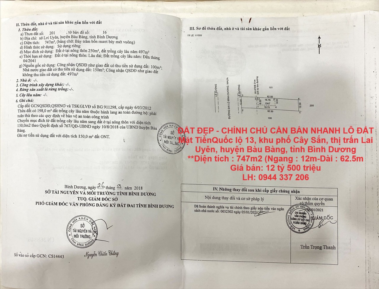 ĐẤT ĐẸP - CHÍNH CHỦ CẦN BÁN NHANH LÔ ĐẤT Mặt Tiền tại KP Cây Sắn, TT Lai Uyên, Bàu Bàng, Bình Dương