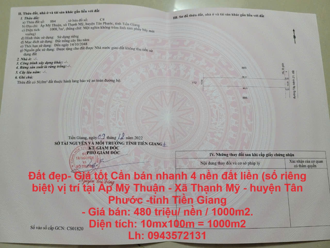 Đất đẹp- Giá tốt Cần bán nhanh 4 nền đất liền (sổ riêng biệt) vị trí tại huyện Tân Phước -Tiền Giang