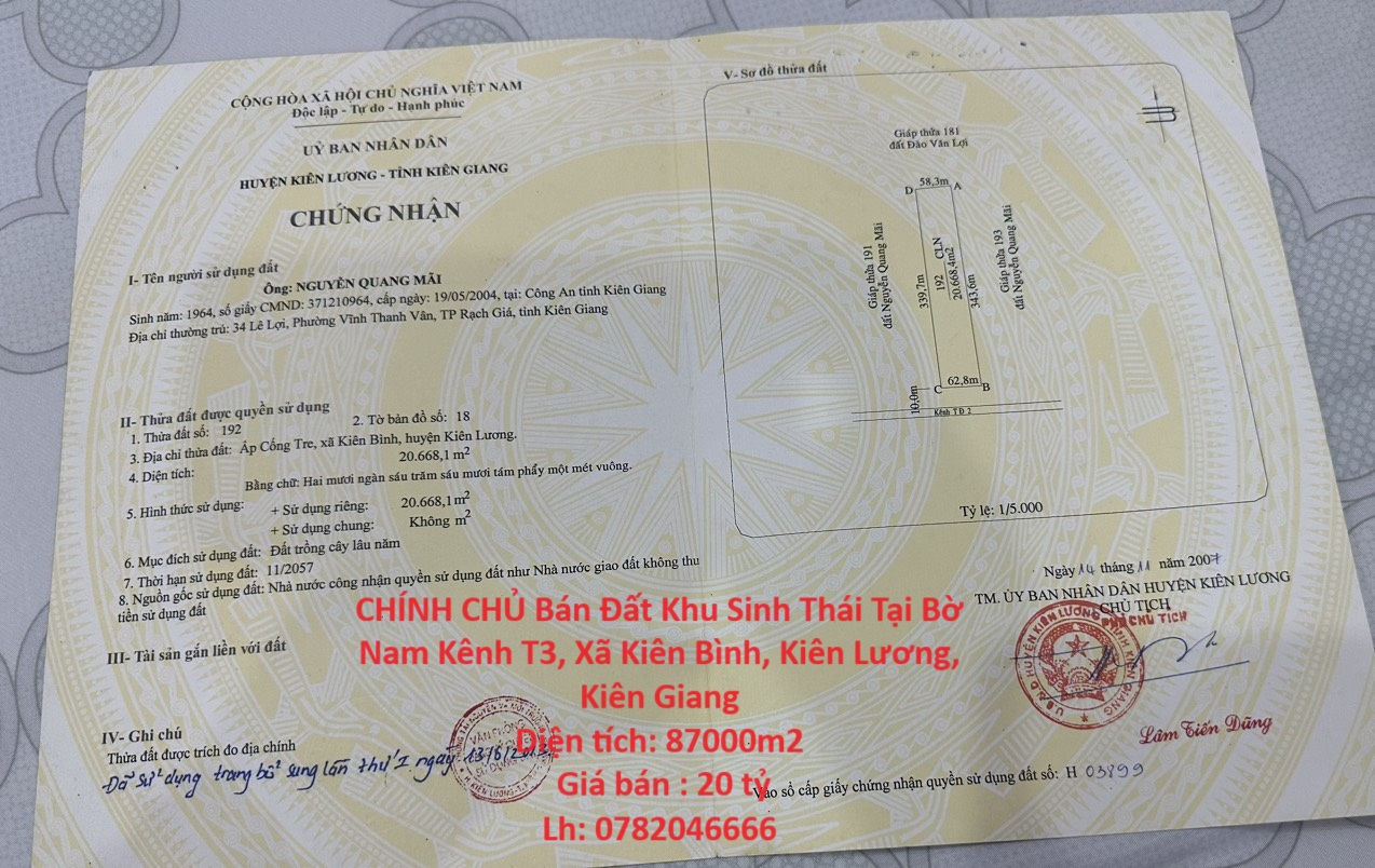 CHÍNH CHỦ Bán Đất Khu Sinh Thái Tại Bờ Nam Kênh T3, Xã Kiên Bình, Kiên Lương, Kiên Giang