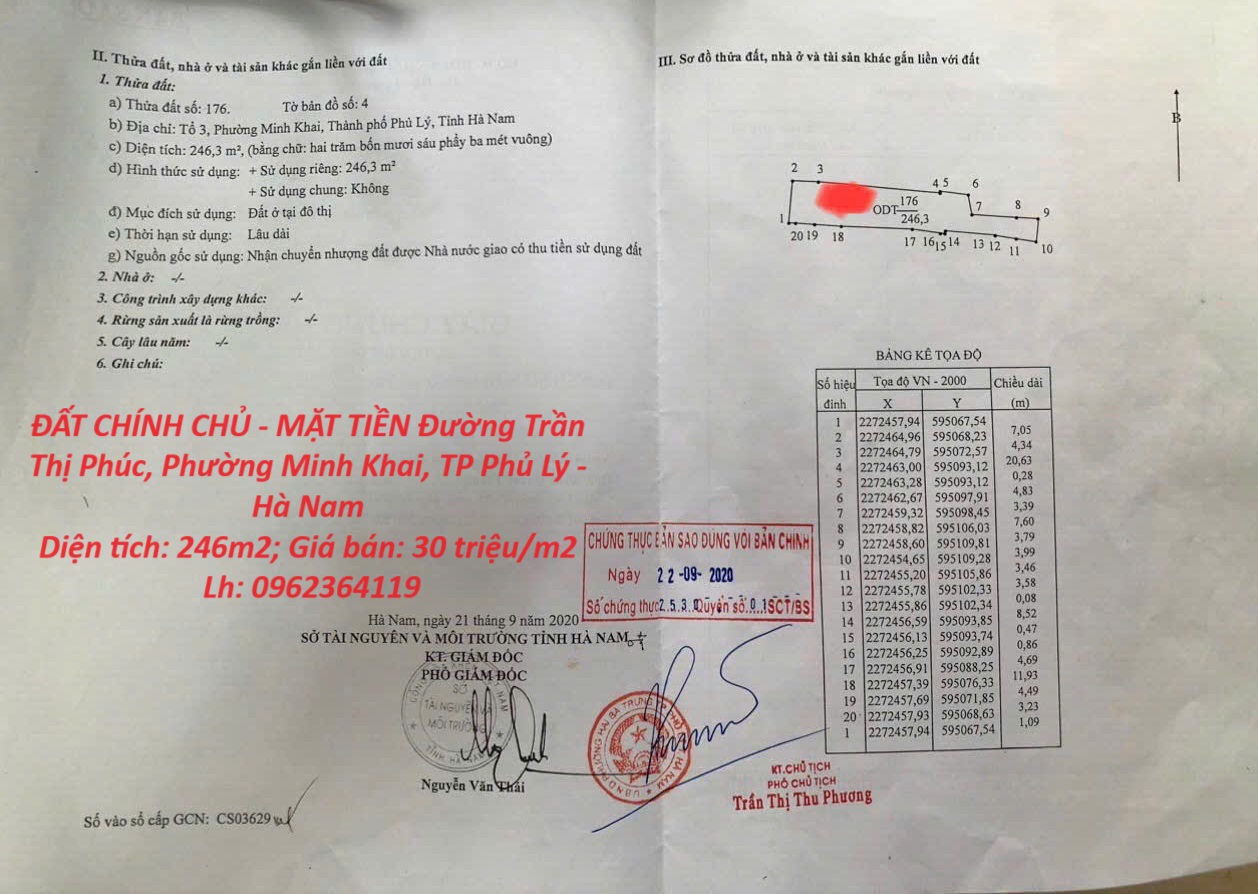 ĐẤT CHÍNH CHỦ - MẶT TIỀN Đường Trần Thị Phúc, Phường Minh Khai, TP Phủ Lý - Hà Nam