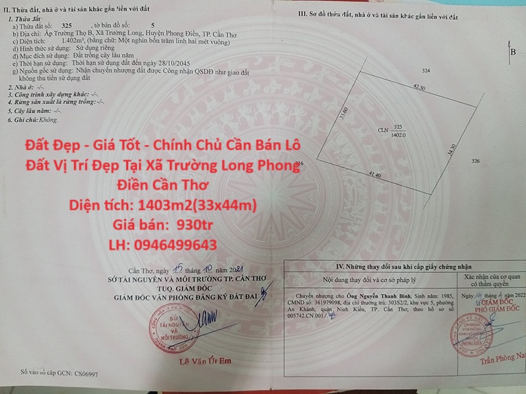 Đất Đẹp - Giá Tốt - Chính Chủ Cần Bán Lô Đất Vị Trí Đẹp Tại Xã Trường Long Phong Điền Cần Thơ