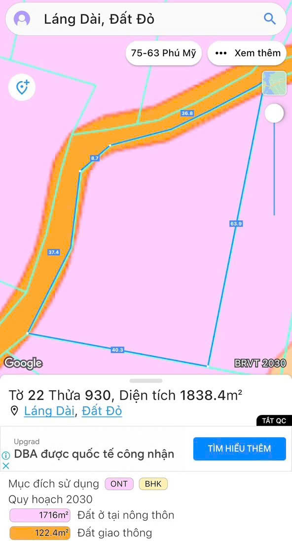 chủ cần bán 1 sào 800 mét vuông đất Láng Dài, Đất Đỏ. Có sẵn 400 mv đất thổ cư. Mặt tiền đường betong dài 50m. Phù hợp