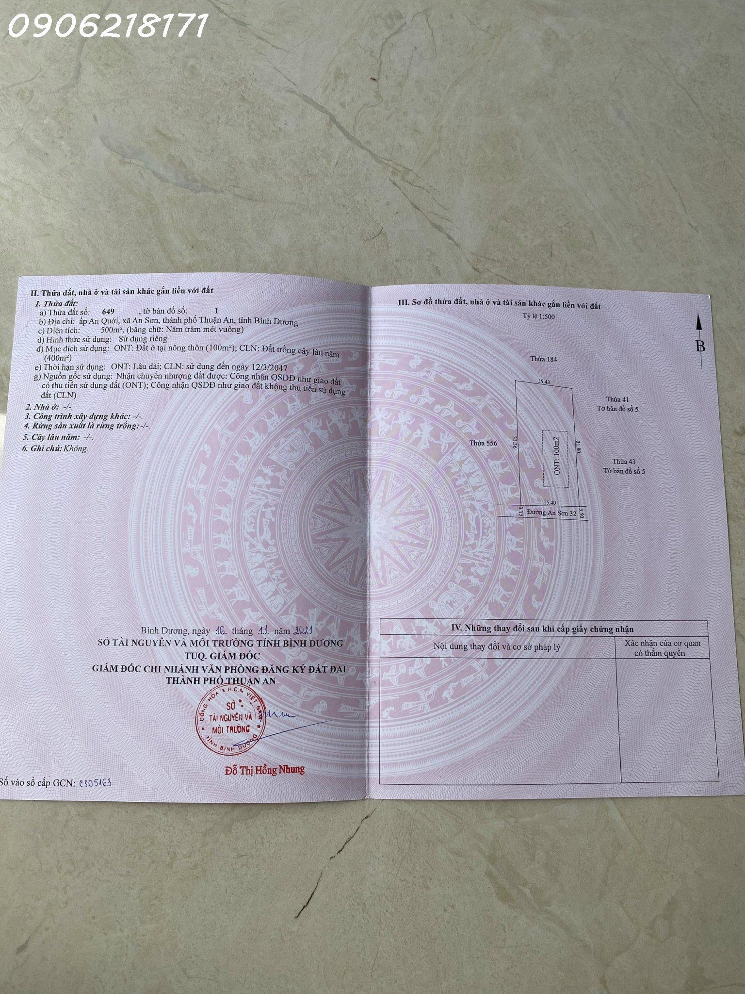 Bán đất Dường An Sơn 32 Thành Phố Thuận An, Bình Dương giá rẽ Diện tích ngang 15m x dài 31m = 500m² (100m² thổ cư).