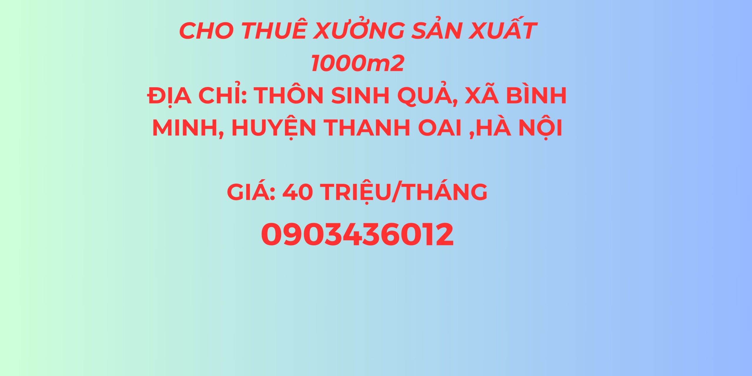 Cho thuê xưởng sản xuất 1000m2 xã Bình Minh, huyện Thanh Oai, Hà Nội.