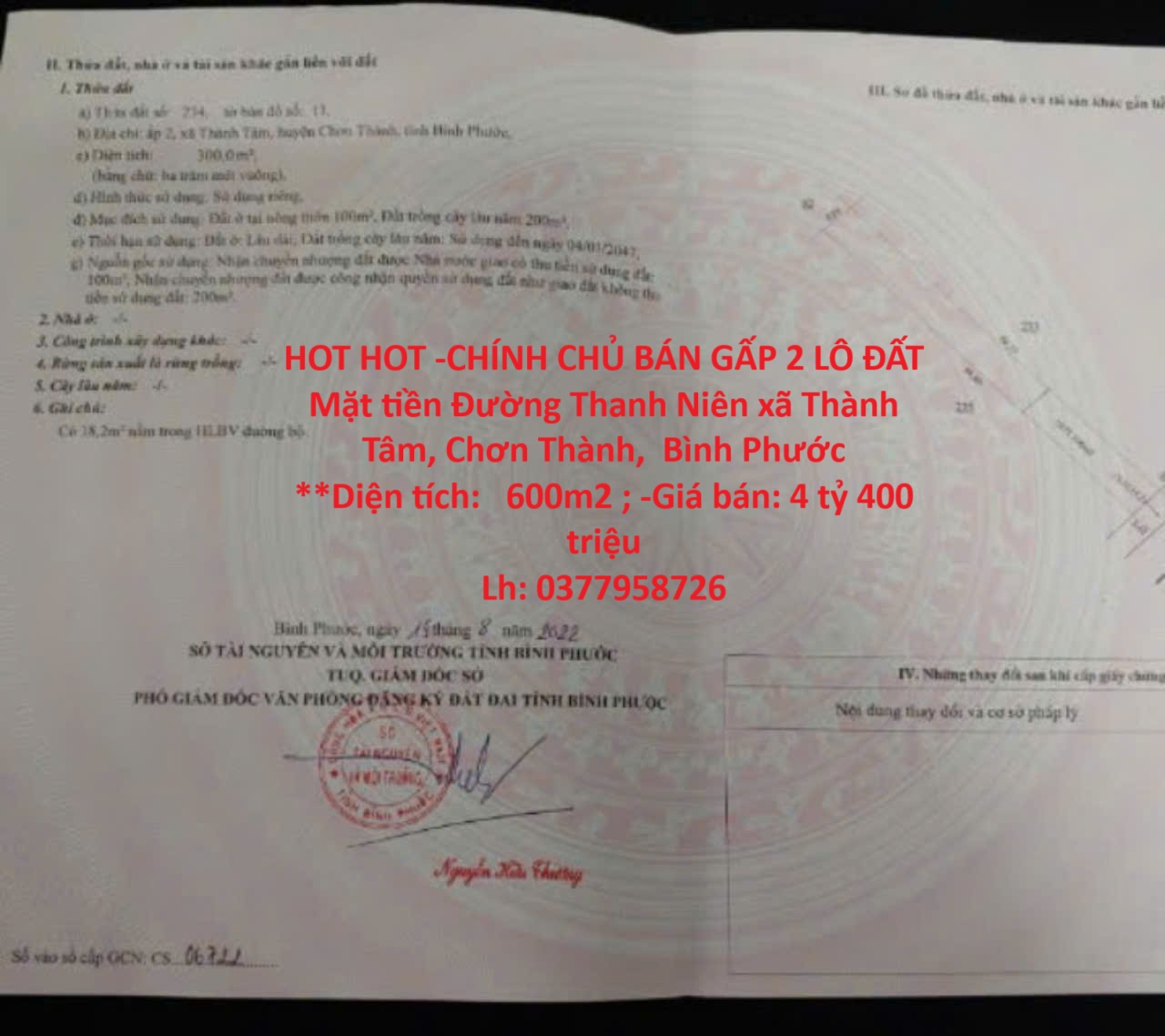 HOT HOT -CHÍNH CHỦ BÁN GẤP 2 LÔ ĐẤT Mặt tiền Đường Thanh Niên xã Thành Tâm, Chơn Thành, Bình Phước