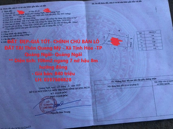 ĐẤT ĐẸP–GIÁ TỐT- CHÍNH CHỦ BÁN LÔ ĐẤT TẠI Thôn Quang Mỹ - Xã Tịnh Hòa -TP Quảng Ngãi- Quảng Ngãi
