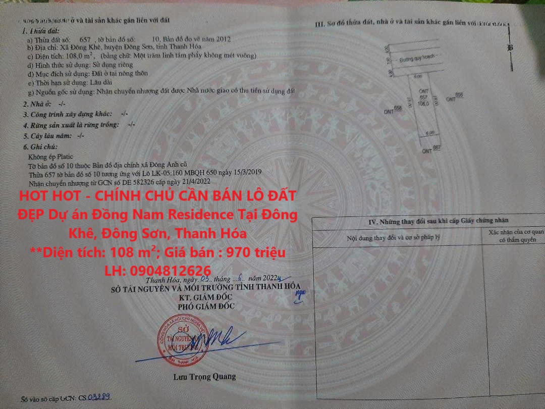 HOT HOT - CHÍNH CHỦ CẦN BÁN LÔ ĐẤT ĐẸP Dự án Đồng Nam Residence Tại Đông Khê, Đông Sơn, Thanh Hóa