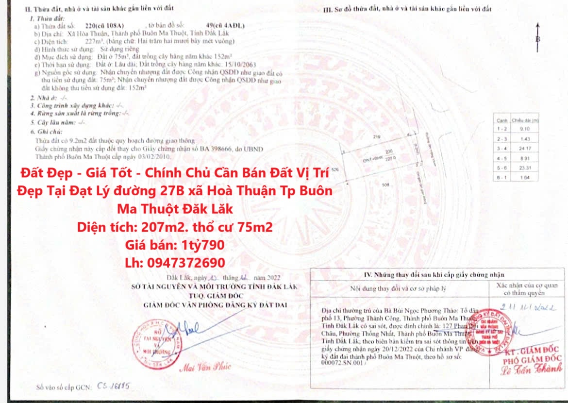 Đất Đẹp - Giá Tốt - Chính Chủ Cần Bán Đất Vị Trí Đẹp Tại Đạt Lý đường 27B xã Hoà Thuận Tp Buôn Ma Thuột Đăk Lăk