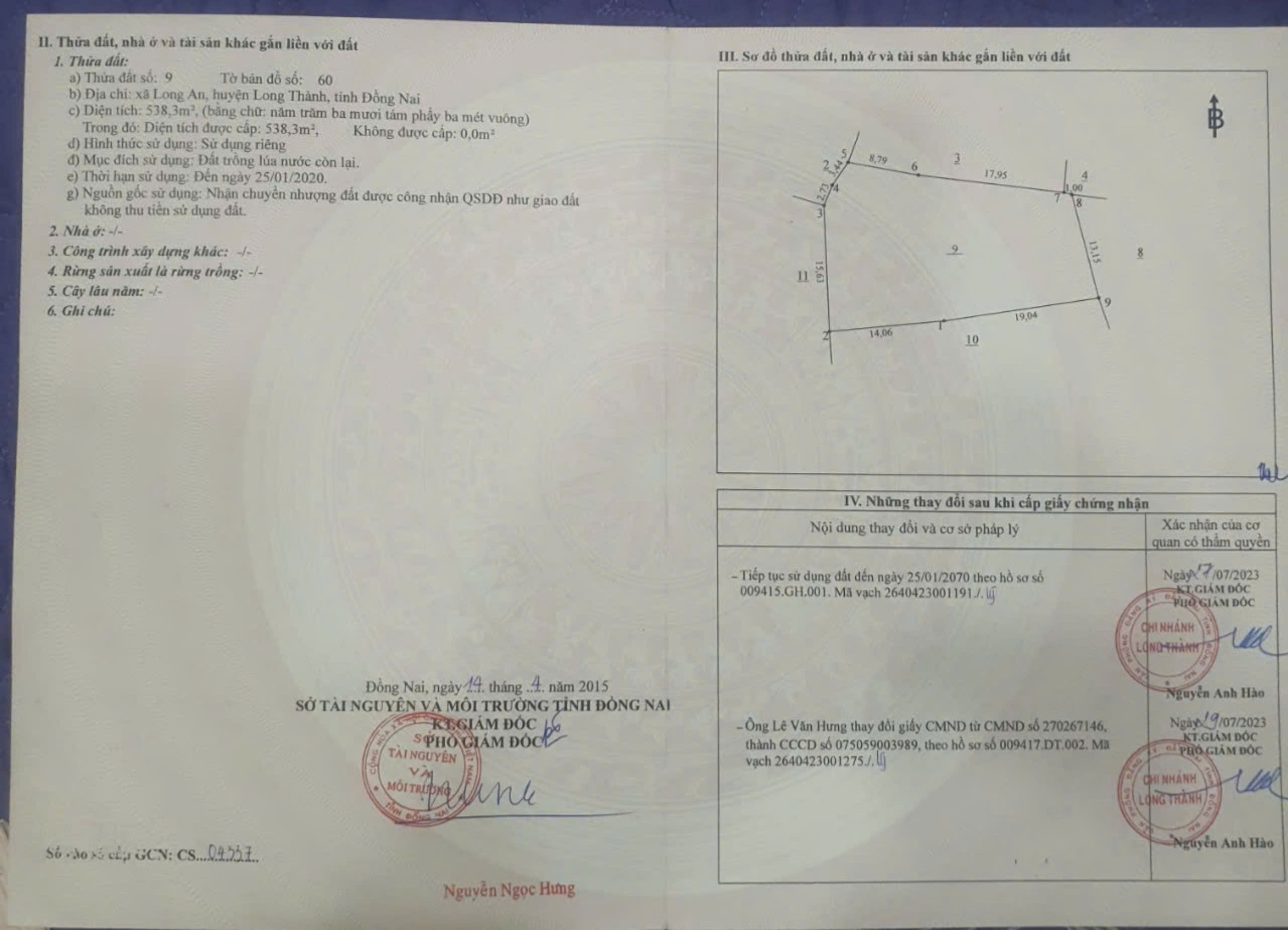 Bán 2.318m2, Giá 1,7tr/m2 tại Xã Long An, Huyện Long Thành, Tỉnh Đồng Nai.