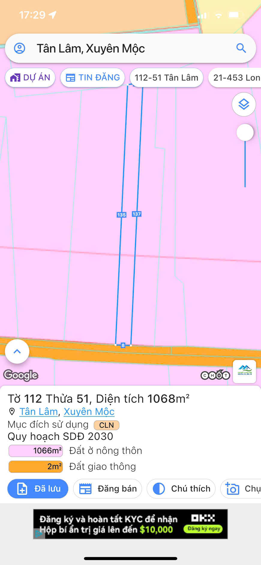 Tân Lâm- Xuyên Mộc Với hơn 1040m2 có sẵn 100 thổ cư, đất phủ hồng toàn bộ